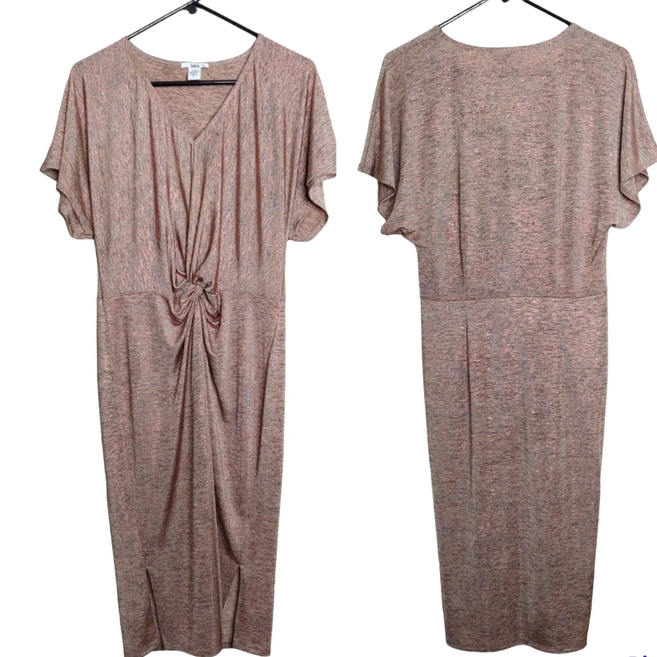 Bar Iii Shimmery Pink Silver V Neck Short Sleeve Glam Midi Dress Size Large